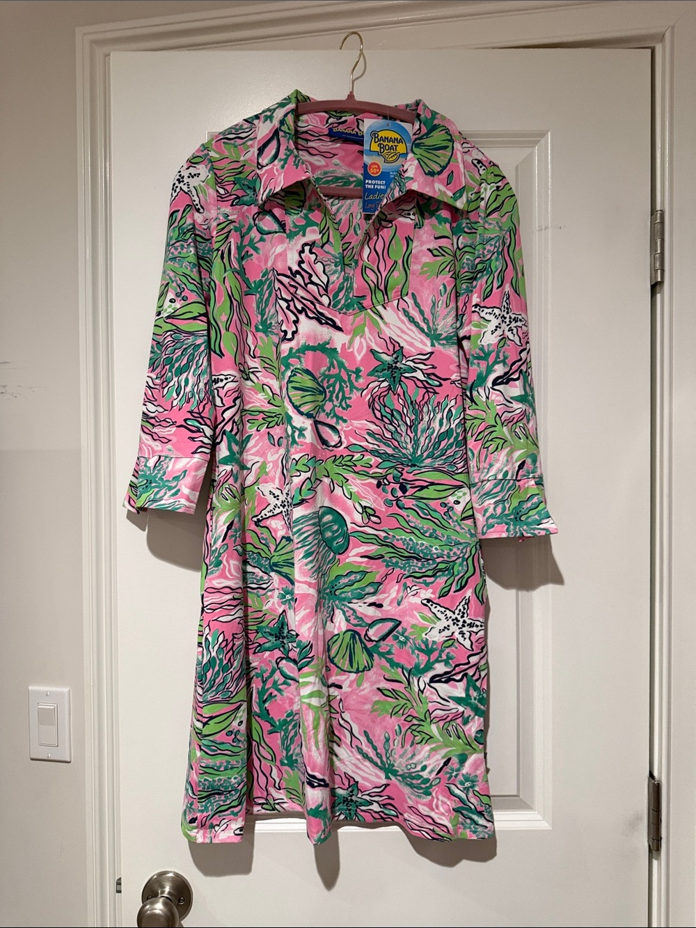 Banana Boat Pink & Green Sea-Print Long Sleeve Dress size Medium NWT